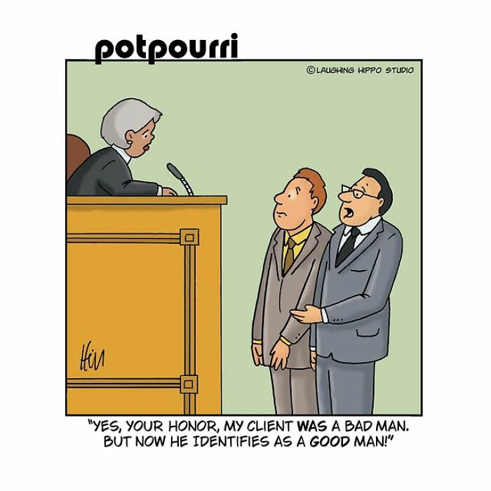 One-panel comic by Laughing Hippo Studio showing a courtroom scene with humorous identity exchange dialogue.
