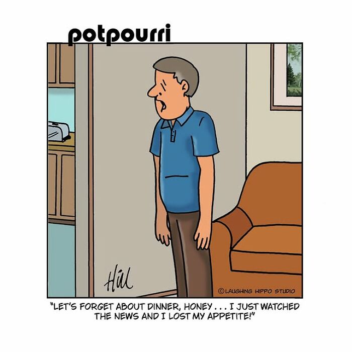 One-panel comic by Laughing Hippo Studio showing humor in a man losing appetite after watching the news.
