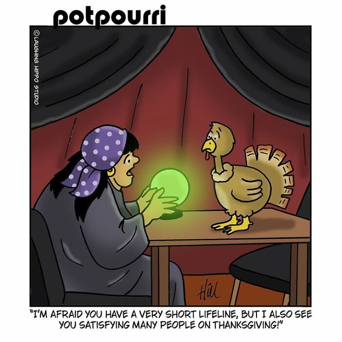 Fortune teller with glowing crystal ball predicting a turkey’s short lifeline in a humorous one-panel comic.