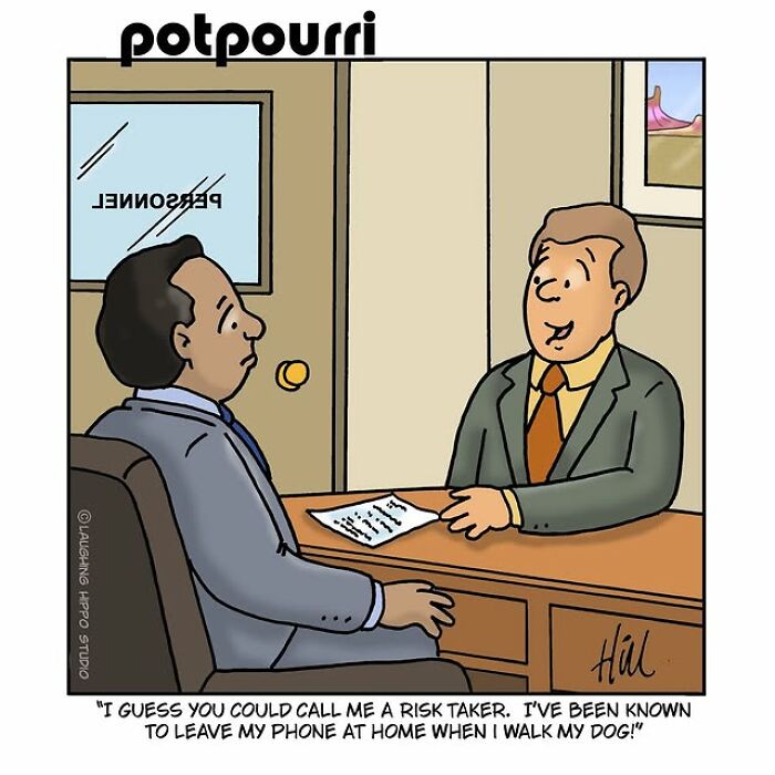 One-panel comic showing a humorous office scene with two men discussing a risky habit by Laughing Hippo Studio.