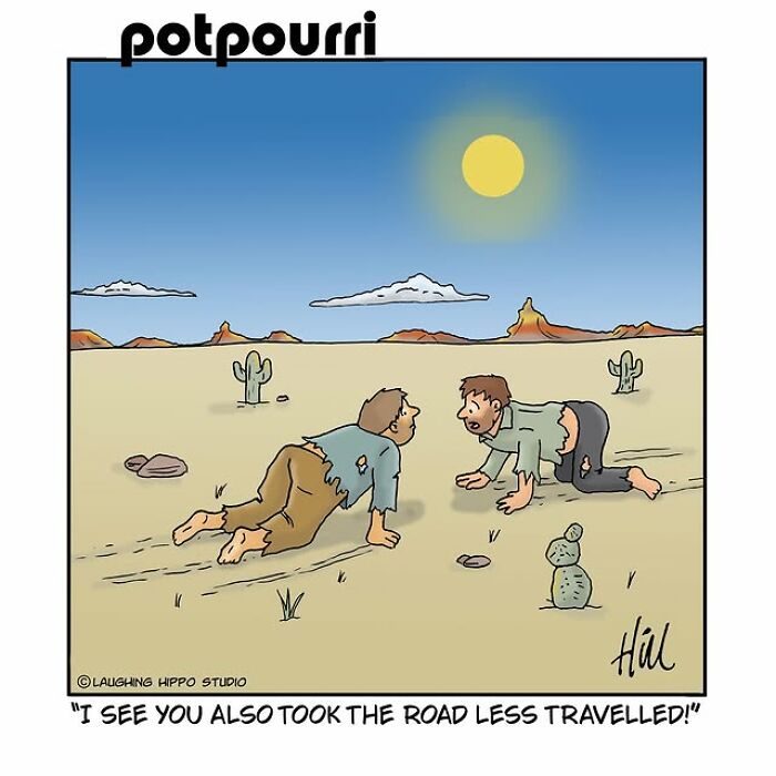 Two exhausted men in torn clothes crawl through a desert in a humorous one-panel comic by Laughing Hippo Studio.