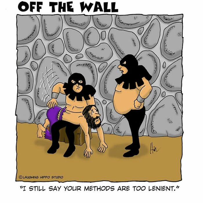 One-panel comic by Laughing Hippo Studio showing two guards and a prisoner with humor and silly situations.