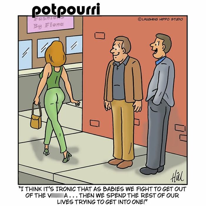 One-panel comic humor by Laughing Hippo Studio showing two men admiring a woman walking by on the sidewalk.