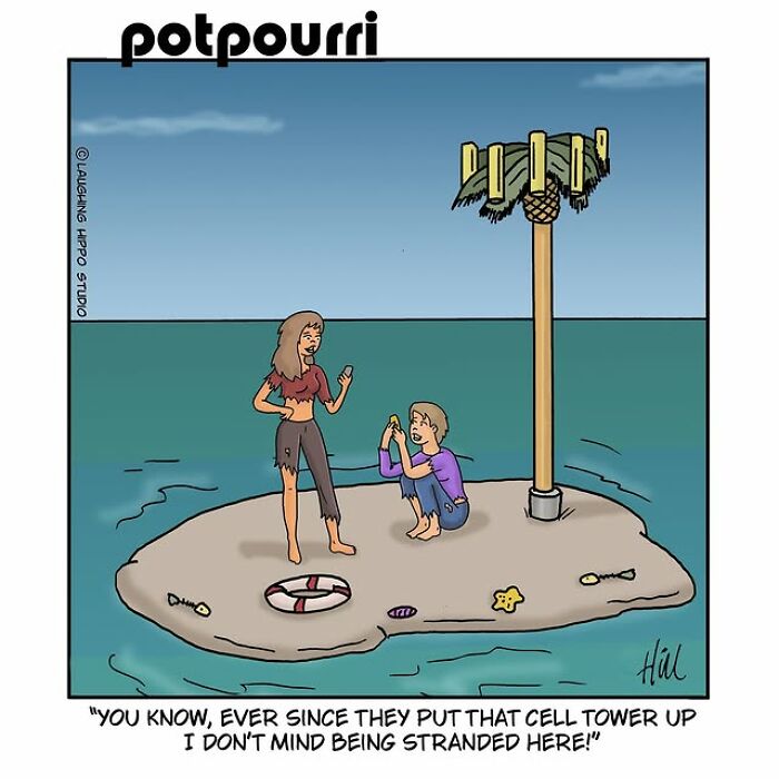 One-panel comic by Laughing Hippo Studio shows two stranded people humorously appreciating a new cell tower on a small island.