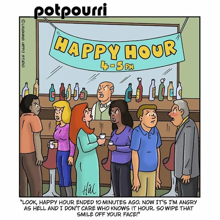 One-panel comic by Laughing Hippo Studio showing a bartender angrily ending happy hour at a crowded bar.