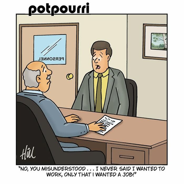 One-panel comic of a job interview showing humor and silly situations by Laughing Hippo Studio.