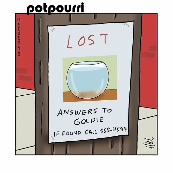 Lost poster on a tree showing an empty fishbowl with a note about answers to Goldie in a humorous one-panel comic.