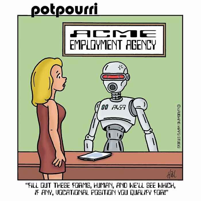 One-panel comic by Laughing Hippo Studio showing a robot at an employment agency with a humorous job form.