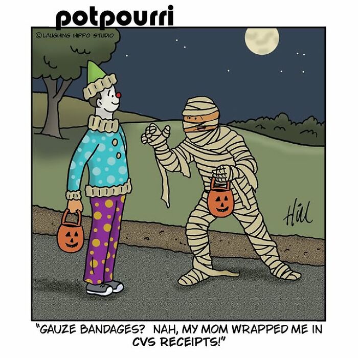 One-panel comic by Laughing Hippo Studio featuring humorous Halloween costumes and silly situations at night.