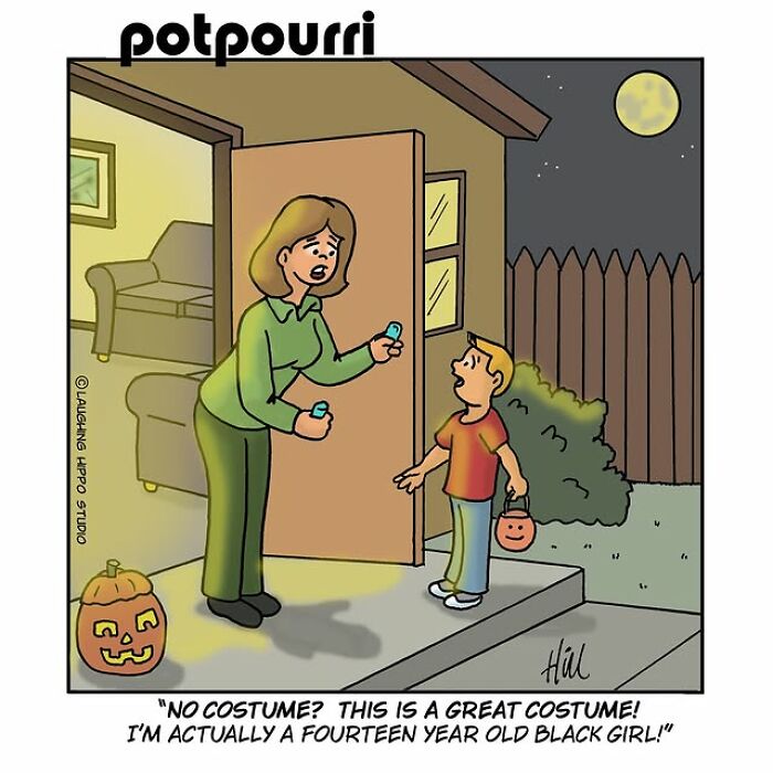 One-panel comic by Laughing Hippo Studio shows a woman surprised by a child’s unexpected Halloween costume humor.