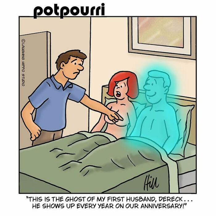 One-panel comic by Laughing Hippo Studio showing a humorous ghost husband surprising a couple in bed.