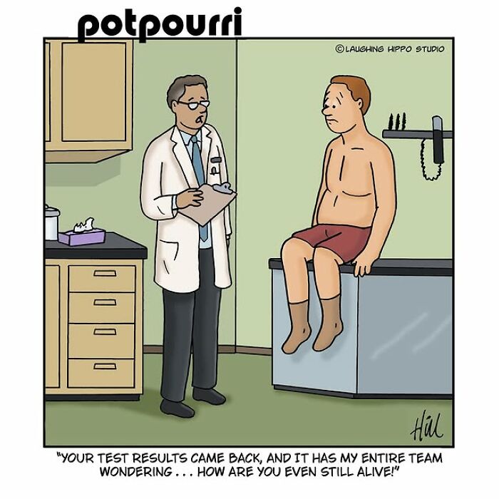One-panel comic by Laughing Hippo Studio showing a doctor humorously surprised by a patient's unusual test results.