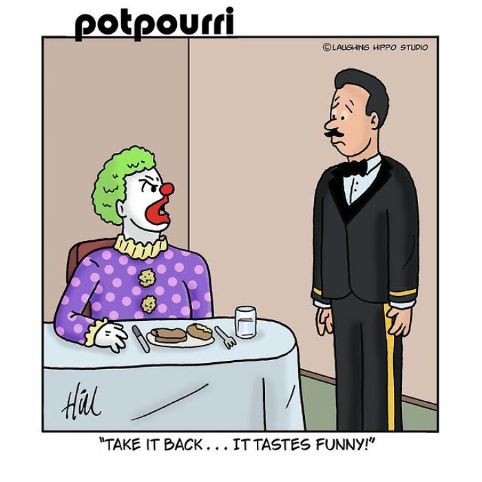 One-panel comic by Laughing Hippo Studio featuring a clown at a table telling a waiter the food tastes funny.
