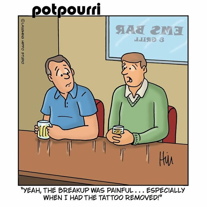 Two men talking over drinks in a humorous one-panel comic by Laughing Hippo Studio with silly situations.