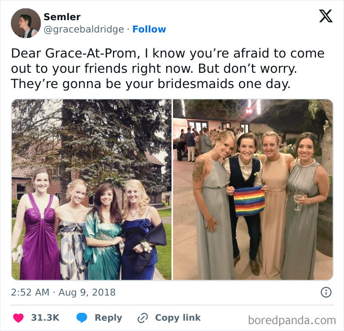 Group of friends smiling together in formal dresses, representing sweet and wholesome moments to cleanse your feed.
