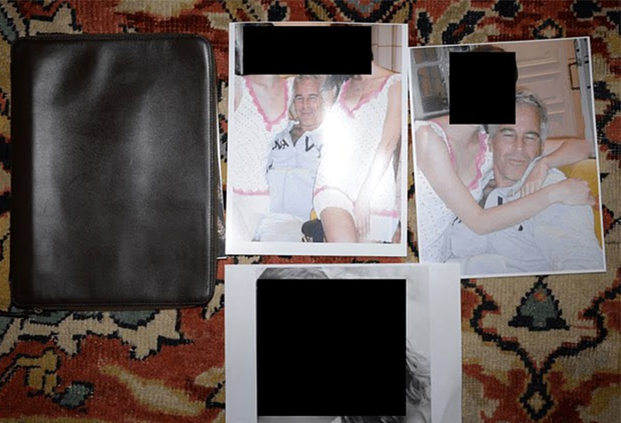 Photographs and black leather case on patterned carpet showing chilling toddler's foot beside Epstein in newly exposed files. Photographs and black leather case on patterned carpet showing chilling toddler's foot beside Epstein in newly exposed files.