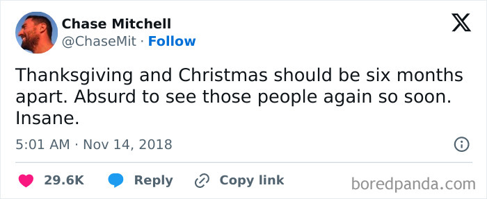 Tweet by Chase Mitchell humorously suggesting Thanksgiving and Christmas should be six months apart in funny Christmas memes.