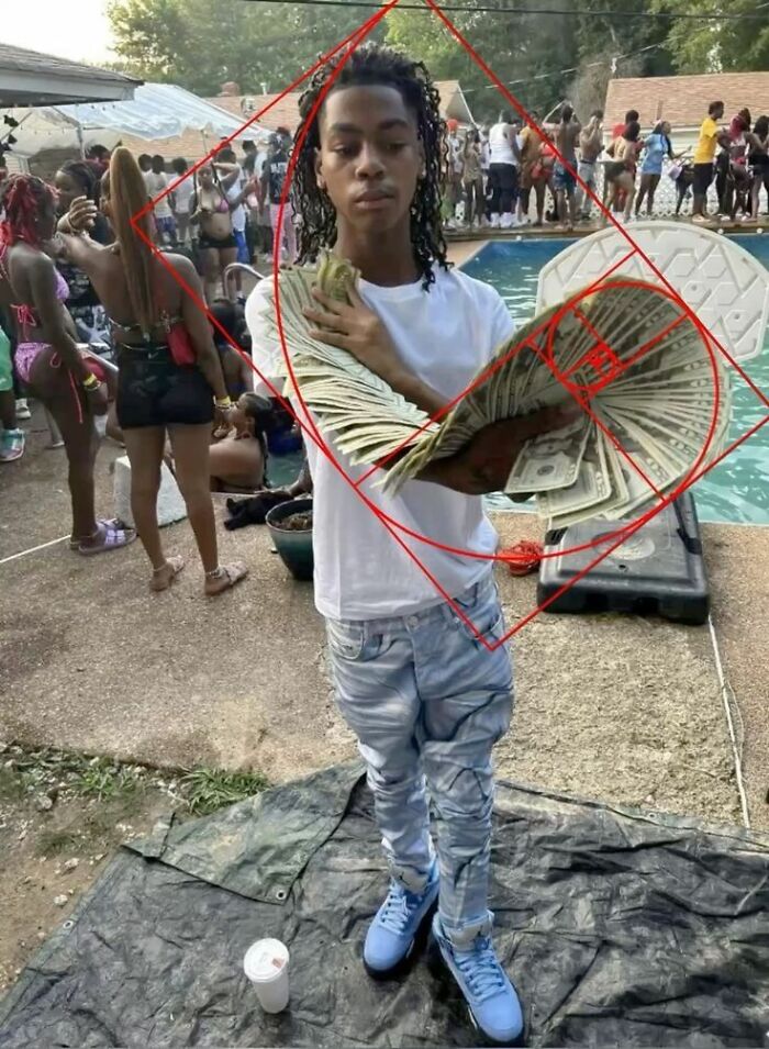 Young man at a pool party holding a large fan of cash with a crowd in the background in a trippy pictures style.