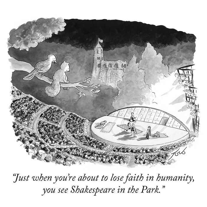 One-panel comic by Tom Toro showing animals watching a Shakespeare in the Park play from a tree branch at night.