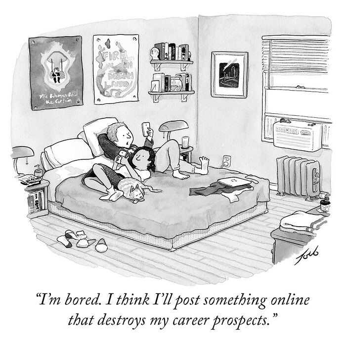 Couple lounging on a bed with phones and cat, depicted in a witty one-panel comic by New Yorker cartoonist Tom Toro.