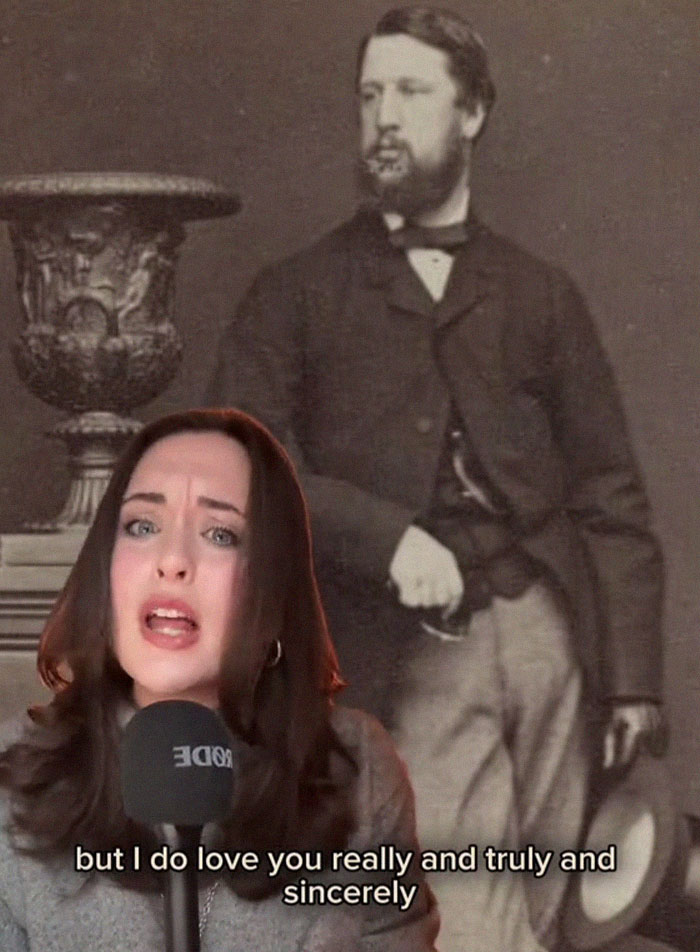 Woman reading a letter from the worst Victorian boyfriend with historical image behind her, discussing behavior patterns. Woman reading a letter from the worst Victorian boyfriend with historical image behind her, discussing behavior patterns.