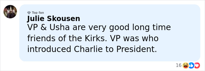 Comment by Julie Skousen discusses VP, Usha’s friendship with Kirks and introduction of Charlie to President amid JD Vance marriage speculation. Comment by Julie Skousen discusses VP, Usha’s friendship with Kirks and introduction of Charlie to President amid JD Vance marriage speculation.
