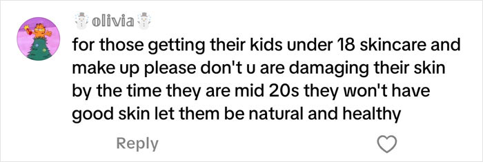 User comment warning against kids under 18 using skincare and makeup to protect natural and healthy skin.