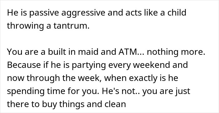 Text excerpt discussing frustration with passive aggressive behavior and issues around boys’ nights at their house. Text excerpt discussing frustration with passive aggressive behavior and issues around boys’ nights at their house.