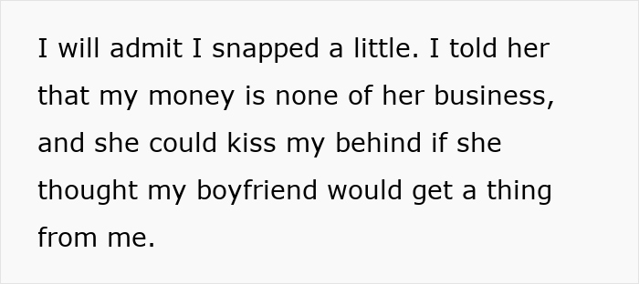 Text excerpt about entitled mother and expenses split between son and girlfriend, expressing frustration. Text excerpt about entitled mother and expenses split between son and girlfriend, expressing frustration.