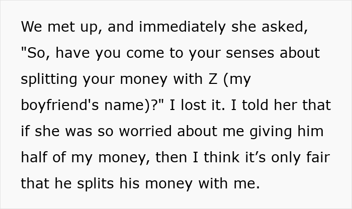 Woman frustrated over entitled mother expecting expenses to be split between son and girlfriend in a conversation about money. Woman frustrated over entitled mother expecting expenses to be split between son and girlfriend in a conversation about money.