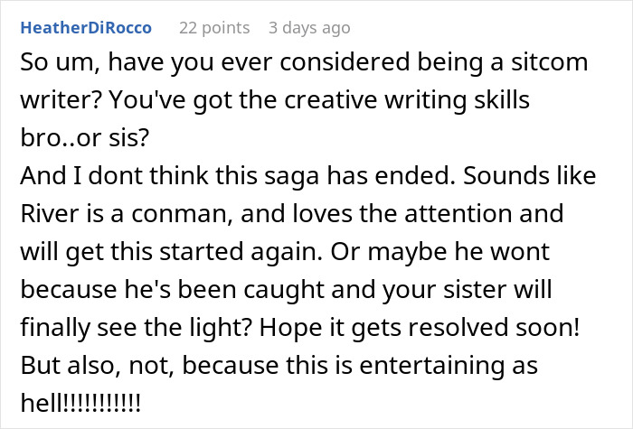 Reddit comment discussing a sister’s barefoot spiritual advisor causing comical chaos and conflict at Thanksgiving gathering.