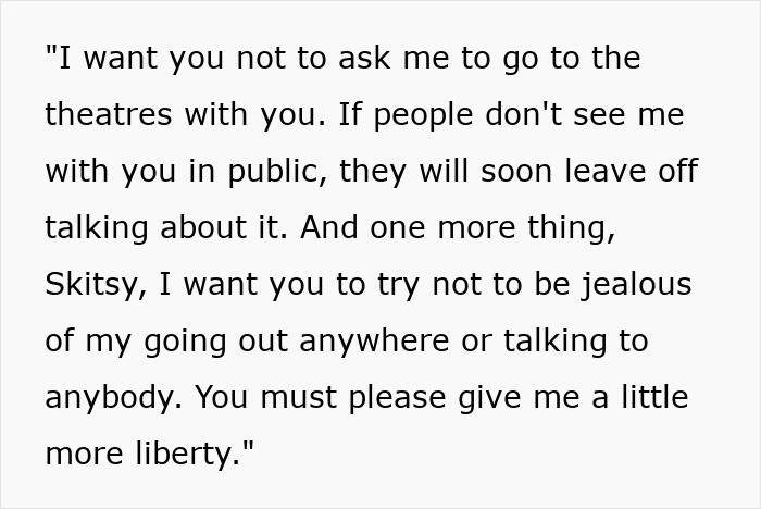 Victorian boyfriend letter demanding liberty and no jealousy, revealing controlling behavior in historic relationship. Victorian boyfriend letter demanding liberty and no jealousy, revealing controlling behavior in historic relationship.