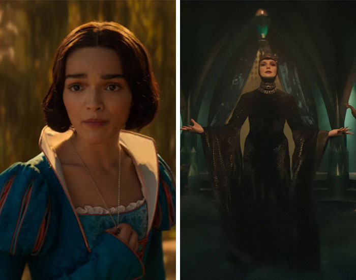 Two female characters in contrasting costumes representing dramatic scenes from celebrity scandals in 2025.