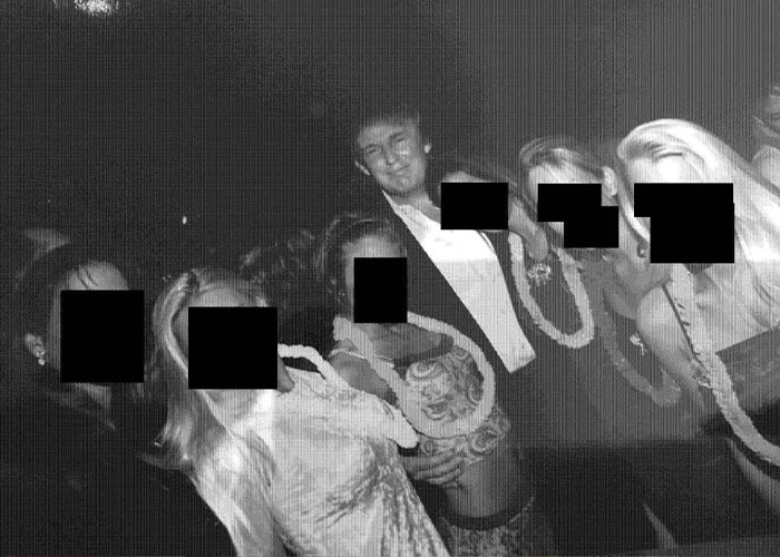 Black and white image with several people at a party, related to disturbing Epstein desk photo backlash after new estate images released