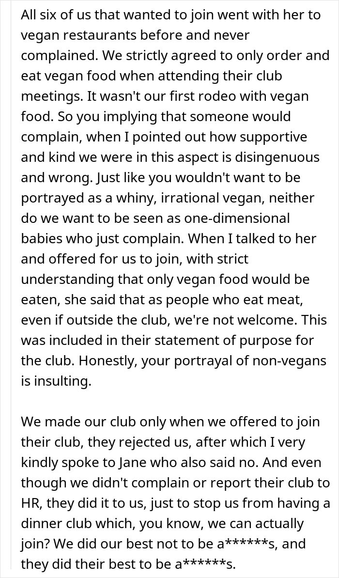 Text excerpt showing an employee pushing back against a vegan-only club and starting beef in a workplace debate. Text excerpt showing an employee pushing back against a vegan-only club and starting beef in a workplace debate.