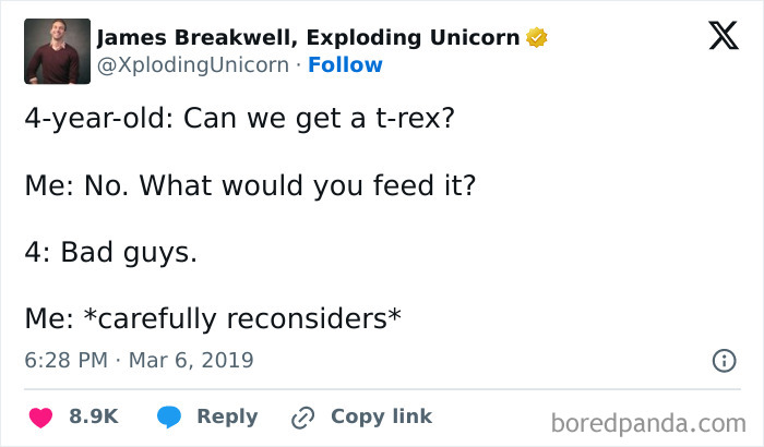 Tweet showing a funny parenting moment about a child's question on feeding a t-rex with bad guys, relatable meme for parents.