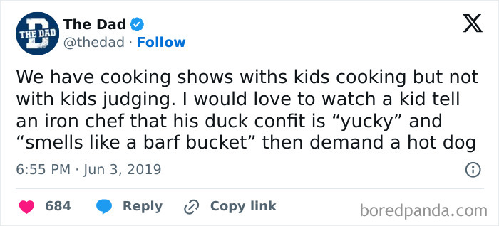Tweet from The Dad humorously suggesting kids judging cooking shows, illustrating relatable memes for parents about family life.