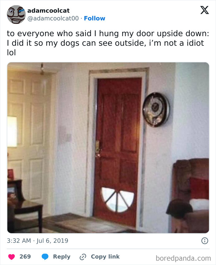 Funny meme showing a door hung upside down with a cutout for dogs to see outside, highlighting hilarious memes.