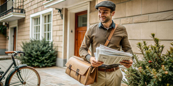 Man smiling outside home holding newspapers and leather satchel, capturing an embarrassing moment people were blessed to see.