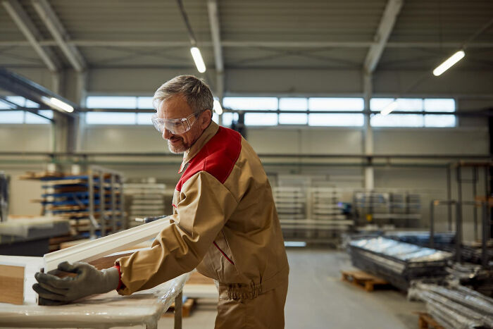 Middle-aged man in protective glasses working in a warehouse, highlighting men missed delivery theme in the context of babies.