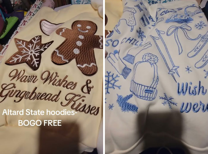 Christmas gift haul featuring cozy holiday hoodies with gingerbread and winter-themed designs for daughter backlash.