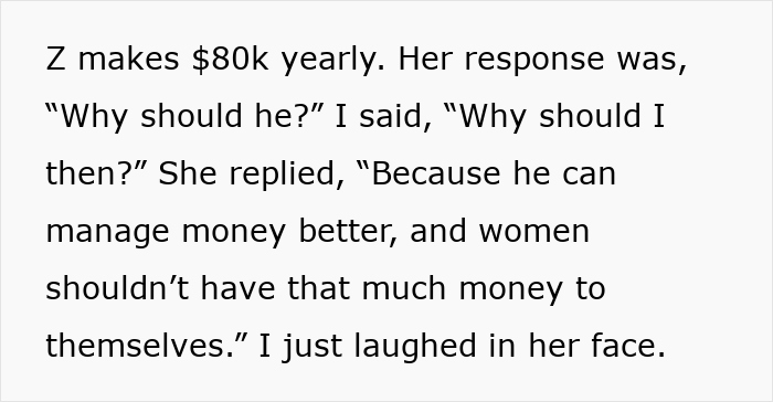 Text discussing an entitled mother arguing about expenses split between her son and his girlfriend, highlighting financial control issues. Text discussing an entitled mother arguing about expenses split between her son and his girlfriend, highlighting financial control issues.