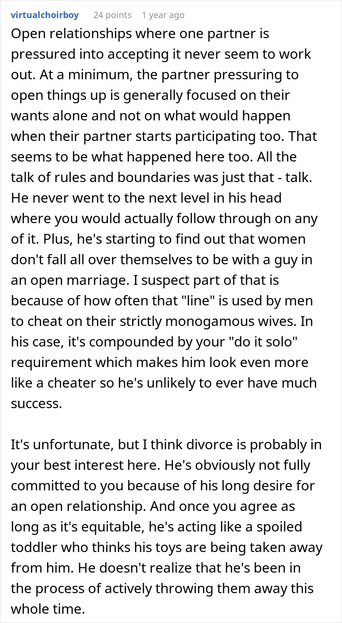 Comment text discussing challenges a man faces pushing for open marriage, feeling insecure and unable to handle it.