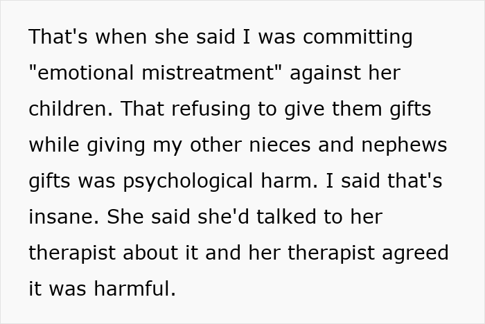 Text excerpt discussing an aunt refusing Christmas gifts to unruly niblings and facing backlash from her angry sister. Text excerpt discussing an aunt refusing Christmas gifts to unruly niblings and facing backlash from her angry sister.