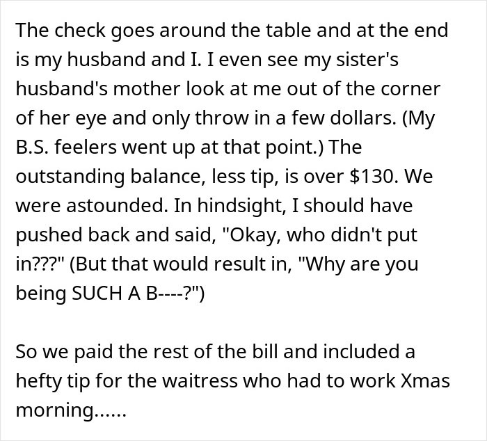 Family dinner with brother makes bill pay and leaves one couple covering a $130 outstanding balance and tip. Family dinner with brother makes bill pay and leaves one couple covering a $130 outstanding balance and tip.