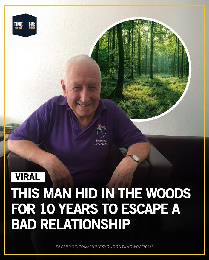 Man smiling indoors with inset image of woods, a compelling fact about escaping a bad relationship for 10 years.