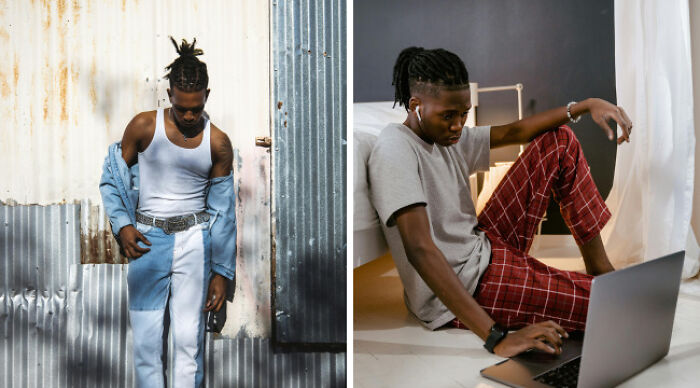 Young man wearing casual wear outdoors and indoors, illustrating the contrast with school uniforms in fashion choices.