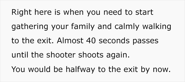 Text explaining the timing to calmly gather family and move to exit during a mass shooting survival situation.