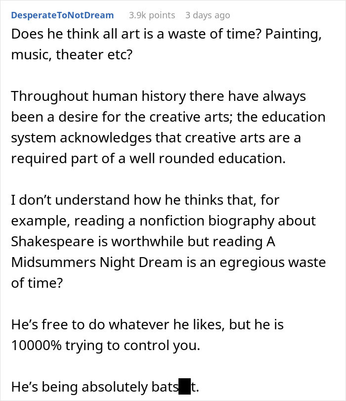 Reddit comment discussing creativity, fiction, and criticism about fiction lowering IQ in a relationship conflict. Reddit comment discussing creativity, fiction, and criticism about fiction lowering IQ in a relationship conflict.