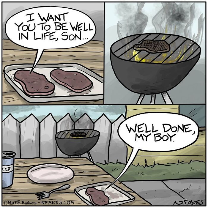 Comic by Nate Fakes showing humorous and relatable moments with grilled steak and fatherly advice outdoors.